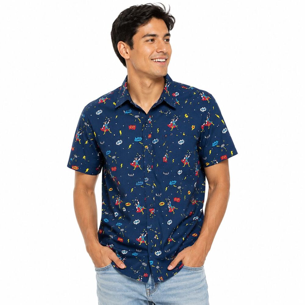 Marvel BoxLunch Thor Button Up Shirt Mens XL Blue Comic Print 100% Cotton